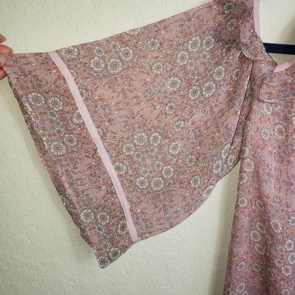 Lauren Conrad Pink Floral Cold Shoulder Ruffle Sleeve Tie Neck Blouse Top S - Picture 5 of 9